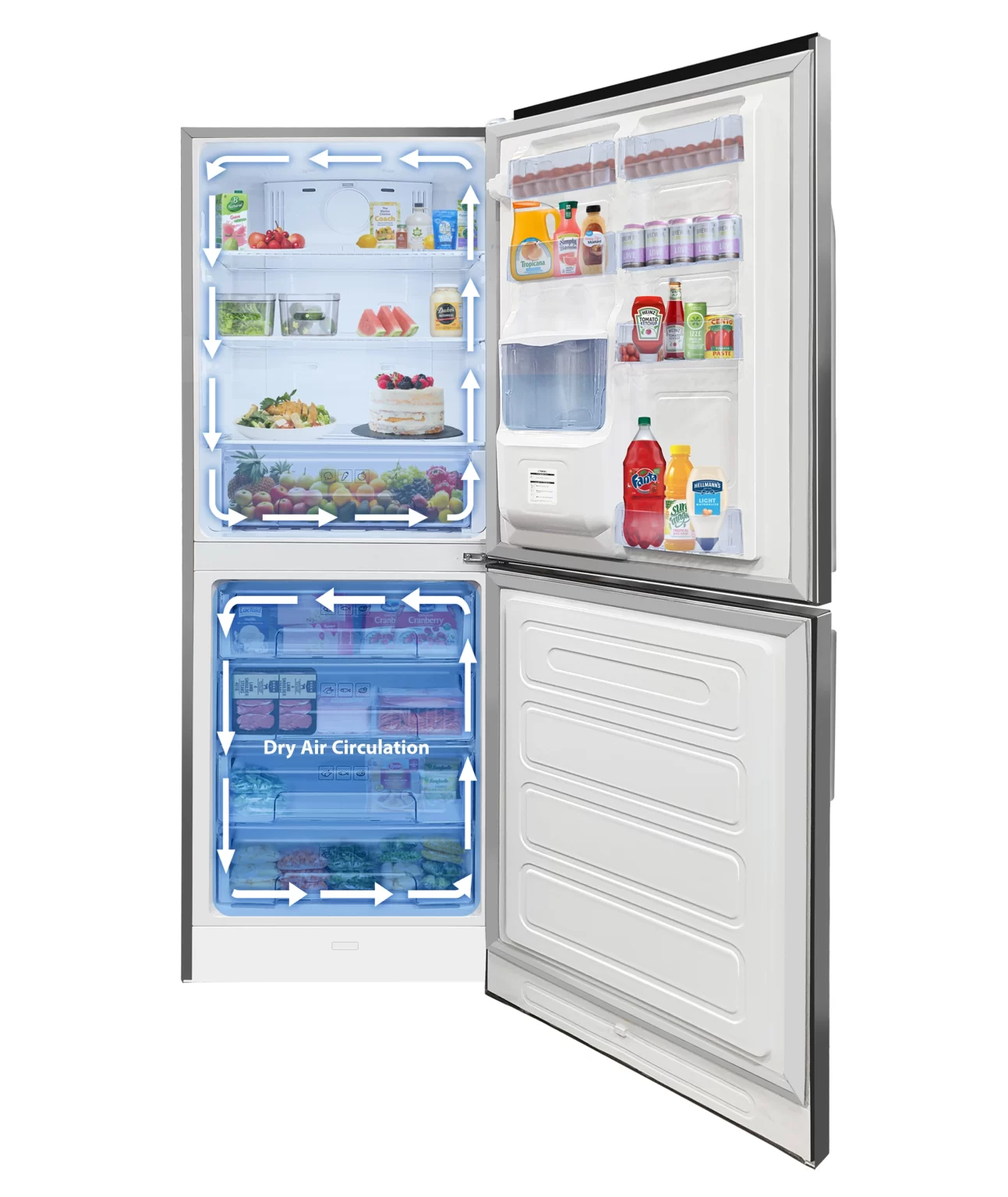 Open refrigerator stocked with food and drinks, displaying white arrows that illustrate the dry air circulation system throug