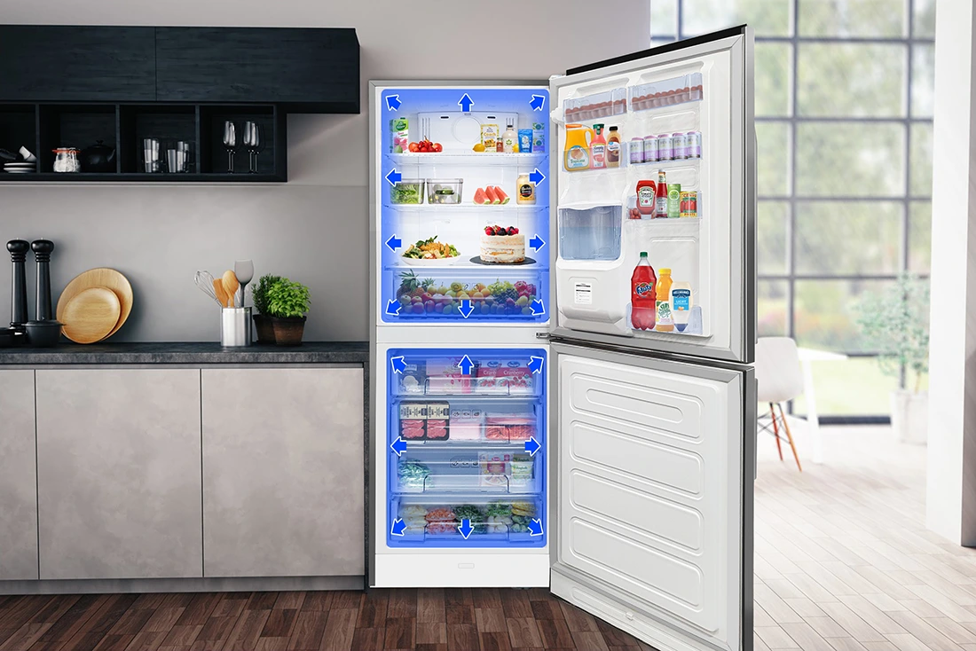 Open white refrigerator stocked with food featuring blue arrows that demonstrate the multi-airflow cooling circulation.