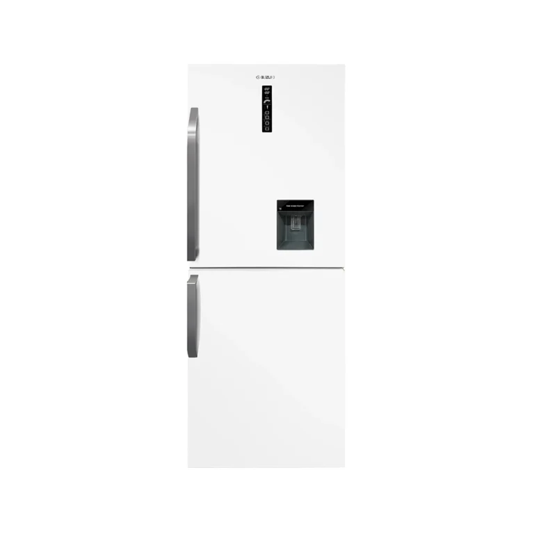 White refrigerator with vertical silver handles, a digital control panel, and an external water dispenser.