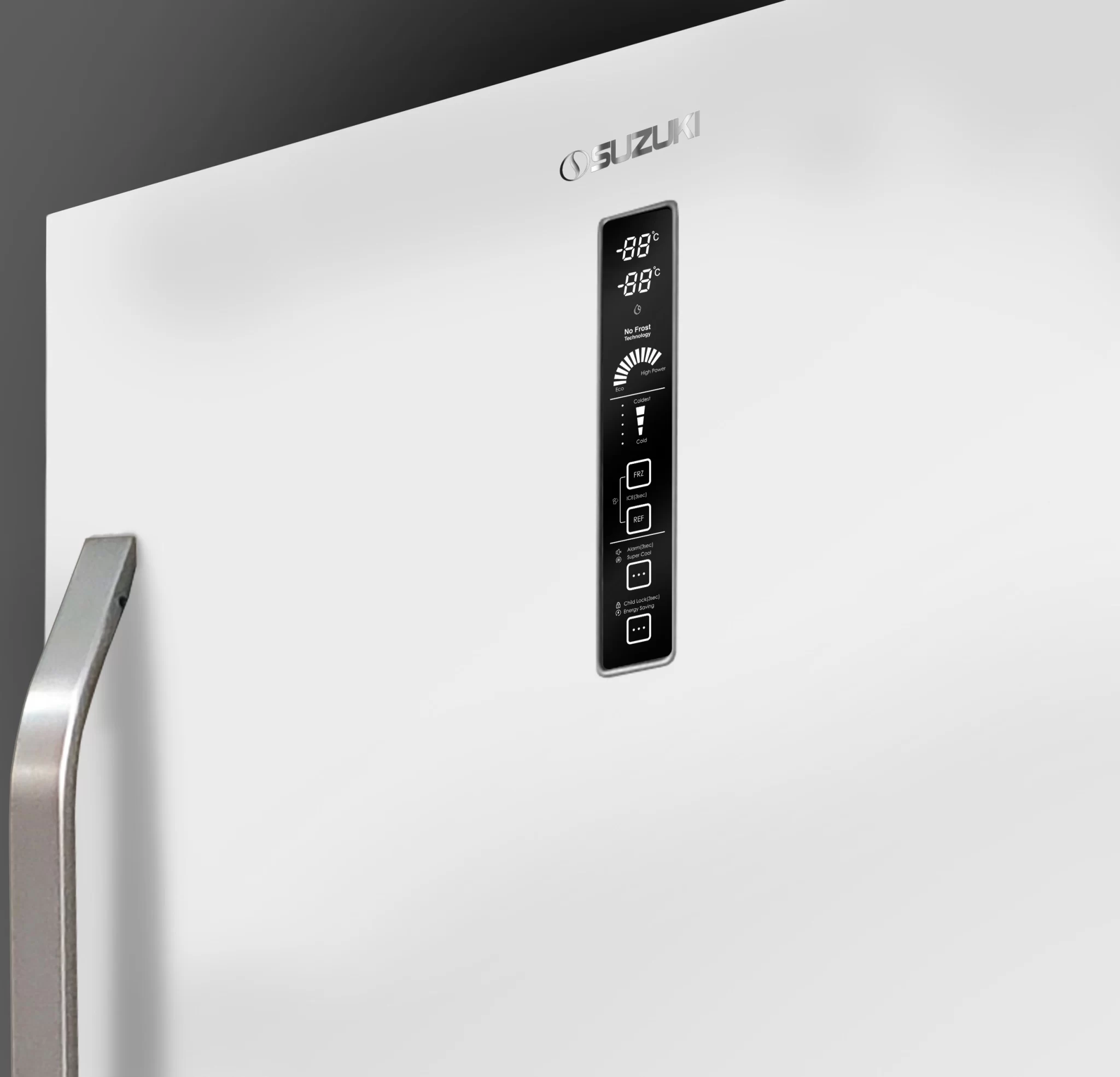 Vertical digital control panel on a white Suzuki refrigerator displaying temperature settings, No Frost technology, and power