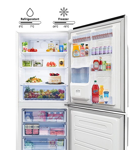 Interior view of an open white fridge filled with groceries, drinks, and a cake, featuring temperature range graphics for the