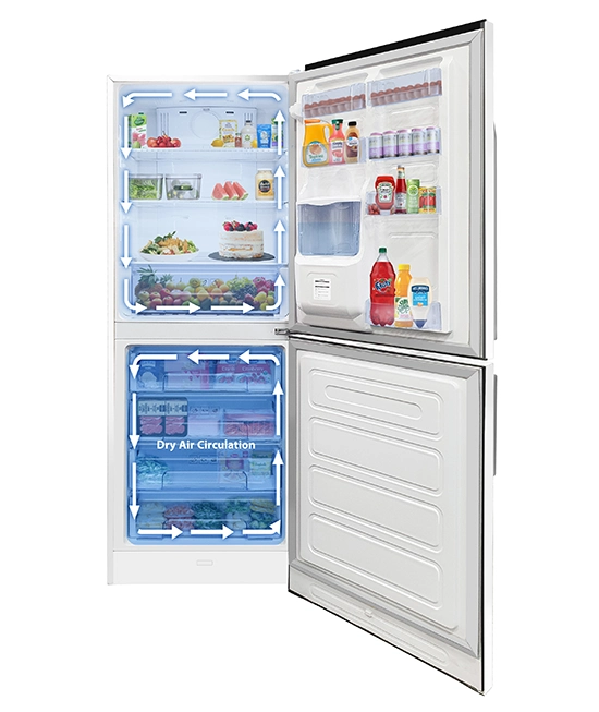 Open white refrigerator showing internal airflow with blue arrows and a Dry Air Circulation label in the freezer section.