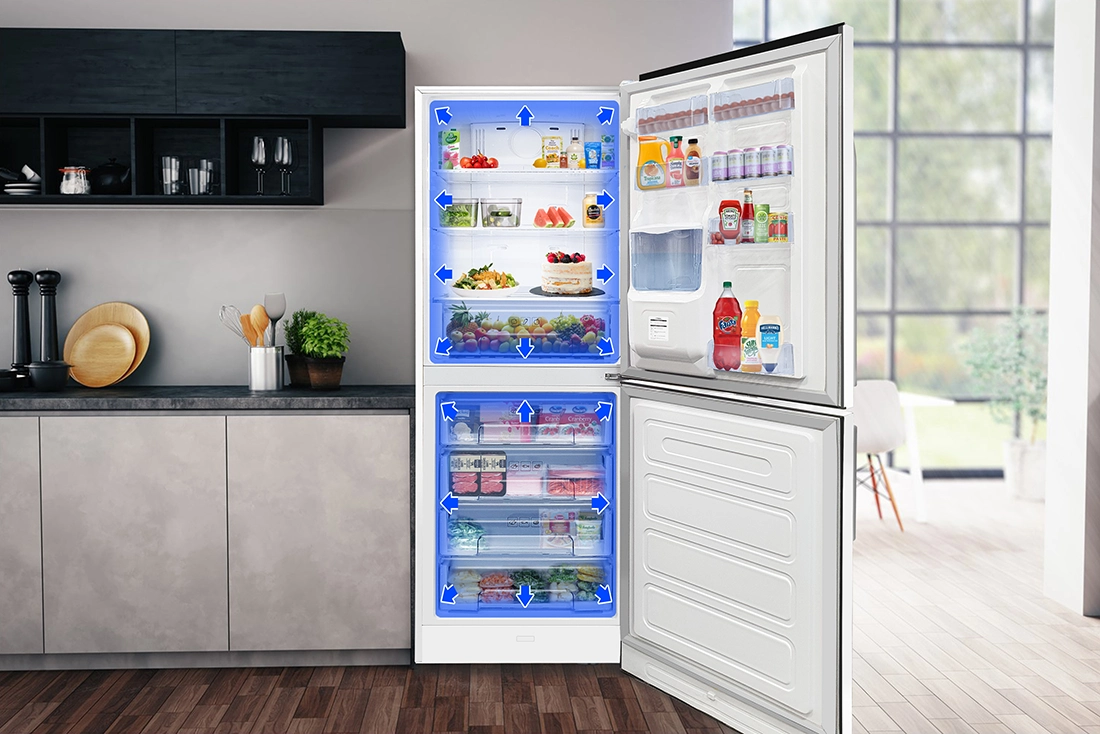 Open white refrigerator filled with food and drinks, showing blue arrows indicating airflow circulation in the fridge and fre