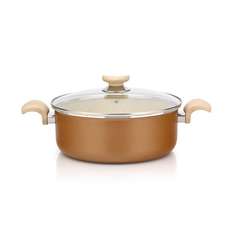 Copper-colored cooking pot with a clear glass lid and beige side handles on a white background