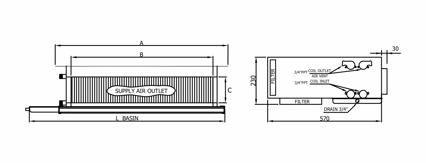 Technical schematic showing dimensions and components of a supply air outlet unit including the basin and filter