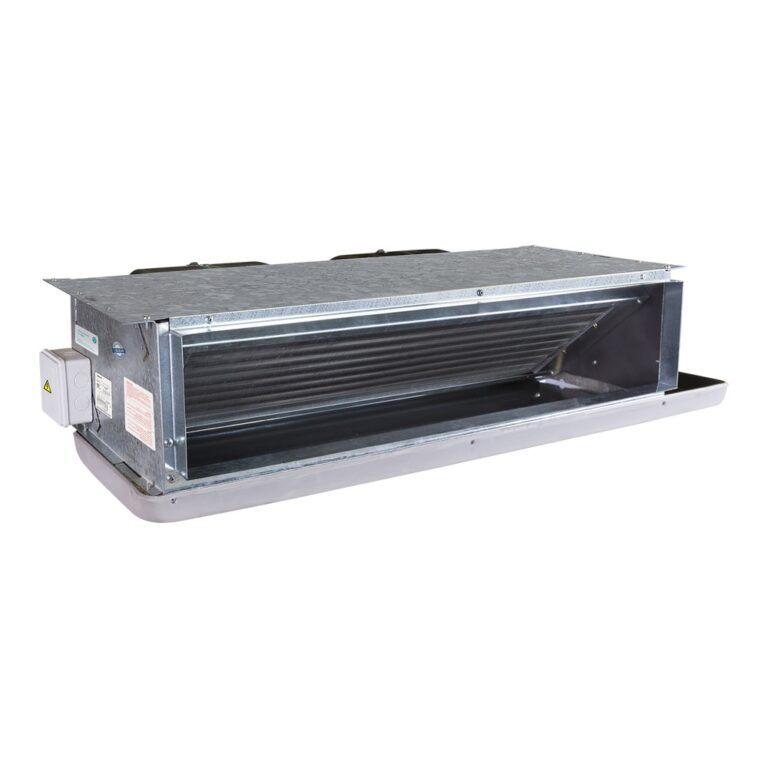 Concealed ceiling fan coil unit without plenum showing internal cooling fins and galvanized steel casing