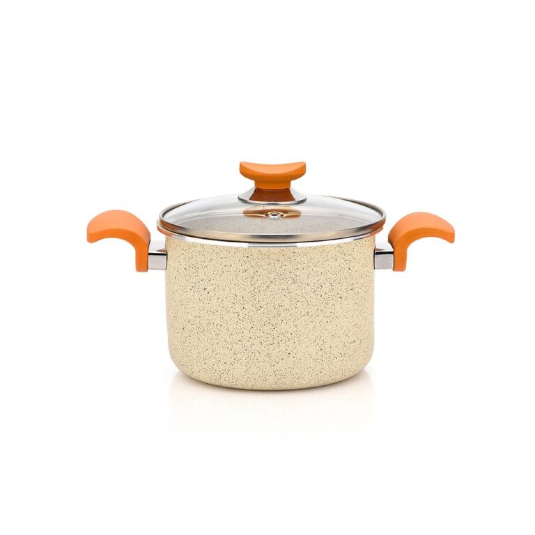 Speckled beige casserole dish featuring a clear glass lid and curved orange side handles