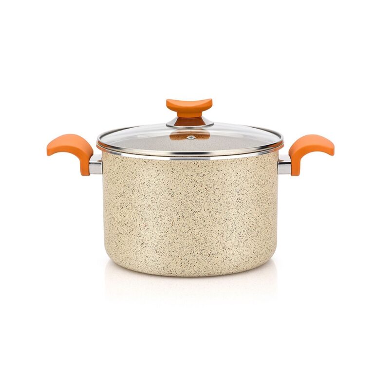 Beige speckled cooking pot with a glass lid and bright orange handles on a white background