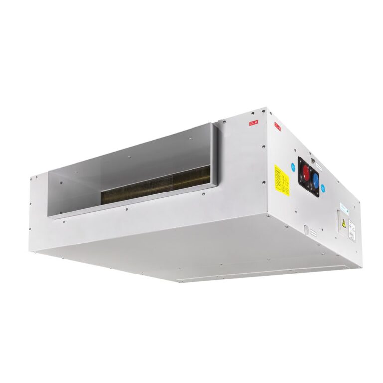 Stainless steel industrial infrared heater with a rectangular opening and side control panel