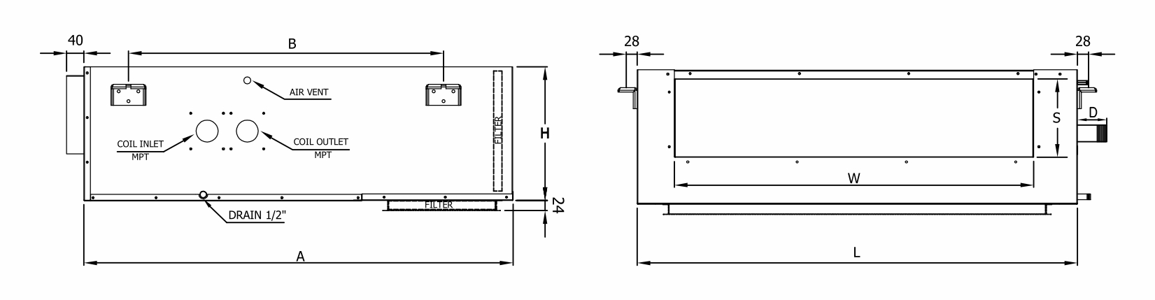 Technical drawing showing dimensions A, B, H, L, W, and S for an HVAC unit with coil inlet and outlet labels
