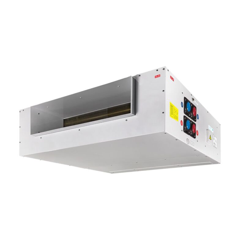 Stainless steel industrial infrared heater with red and blue electrical connectors on the side