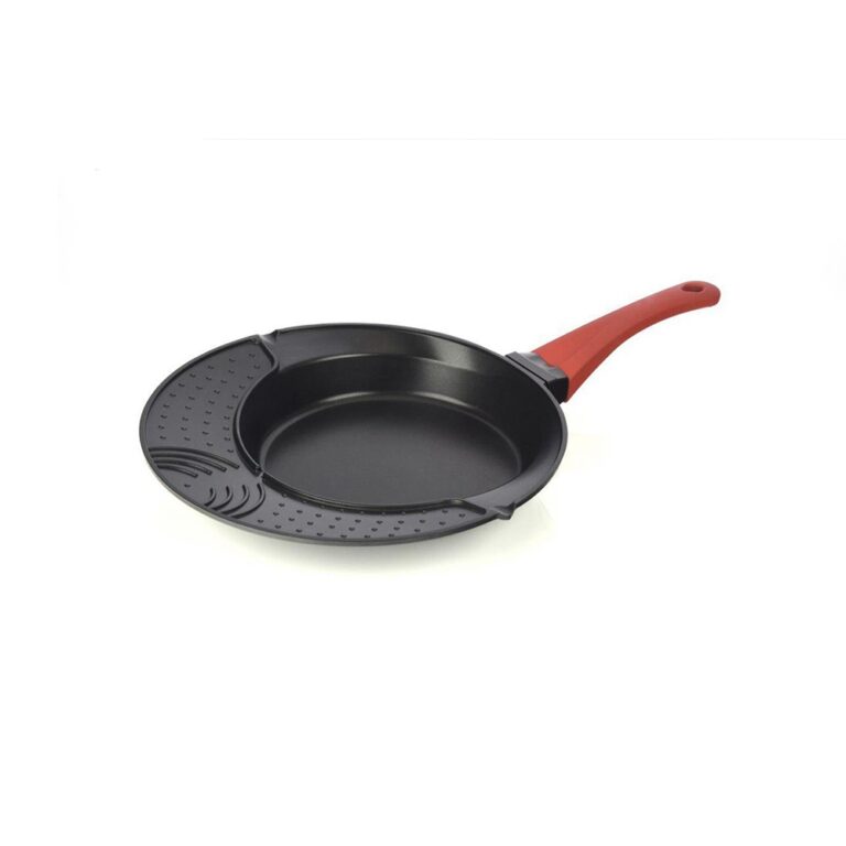 Black non-stick frying pan with a red handle and a perforated lid attachment for draining oil.