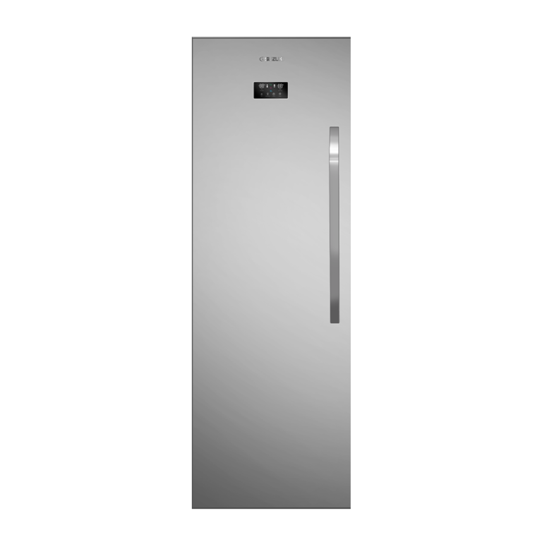 Tall stainless steel refrigerator with vertical handle and digital temperature display panel near the top