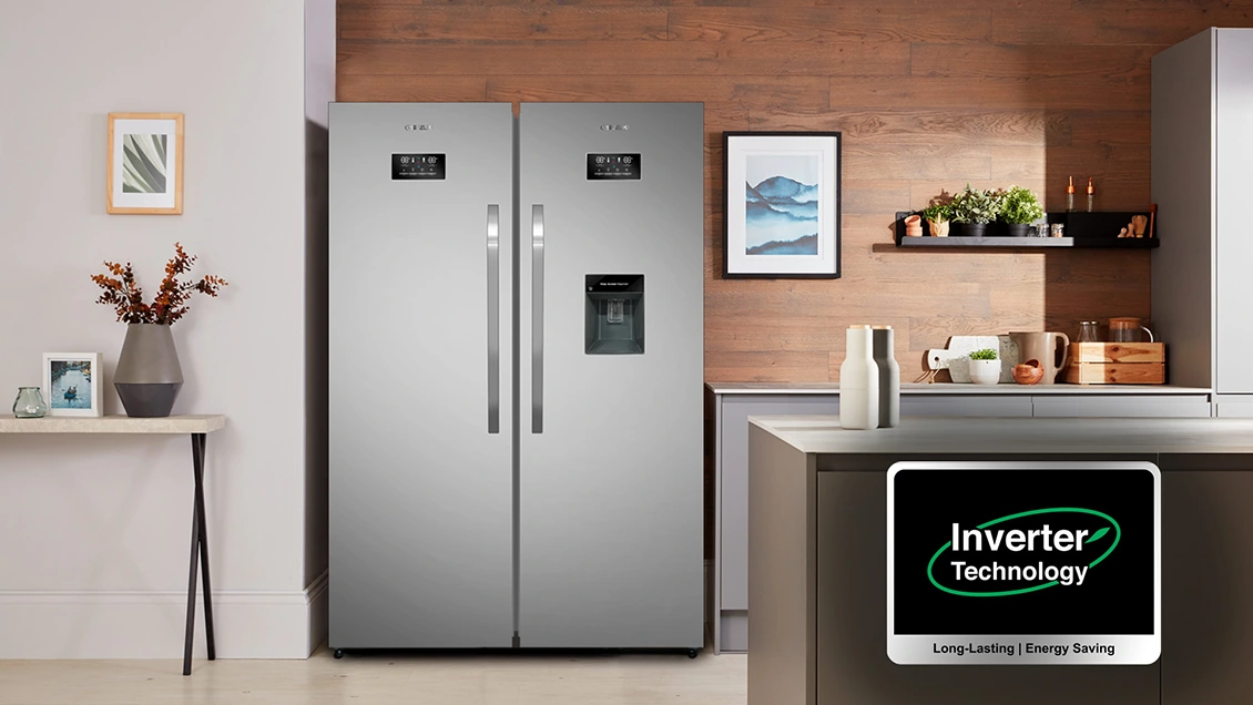 Modern silver refrigerator with water dispenser in a stylish kitchen setting featuring Inverter Technology