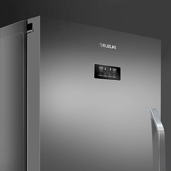 Close-up of a silver Suzuki refrigerator featuring a digital temperature control panel and sleek handle.