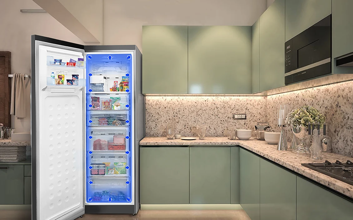Open refrigerator displaying blue airflow arrows inside a modern kitchen with sage green cabinets and granite countertops.