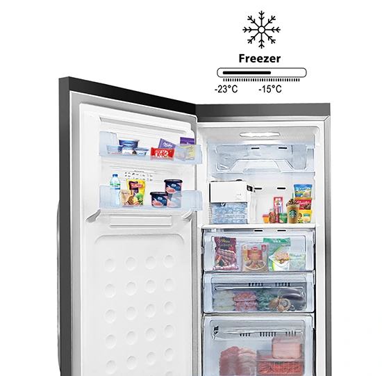 Open freezer showing door shelves and drawers filled with frozen food items, accompanied by a temperature range graphic.