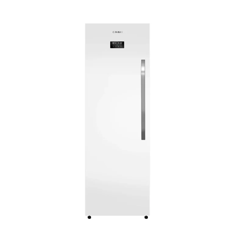 Tall white Blizu refrigerator with a vertical silver handle and digital control panel near the top.