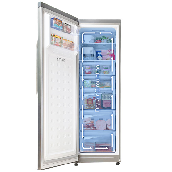 Open silver freezer filled with frozen food featuring white arrows demonstrating the dry air circulation system inside.