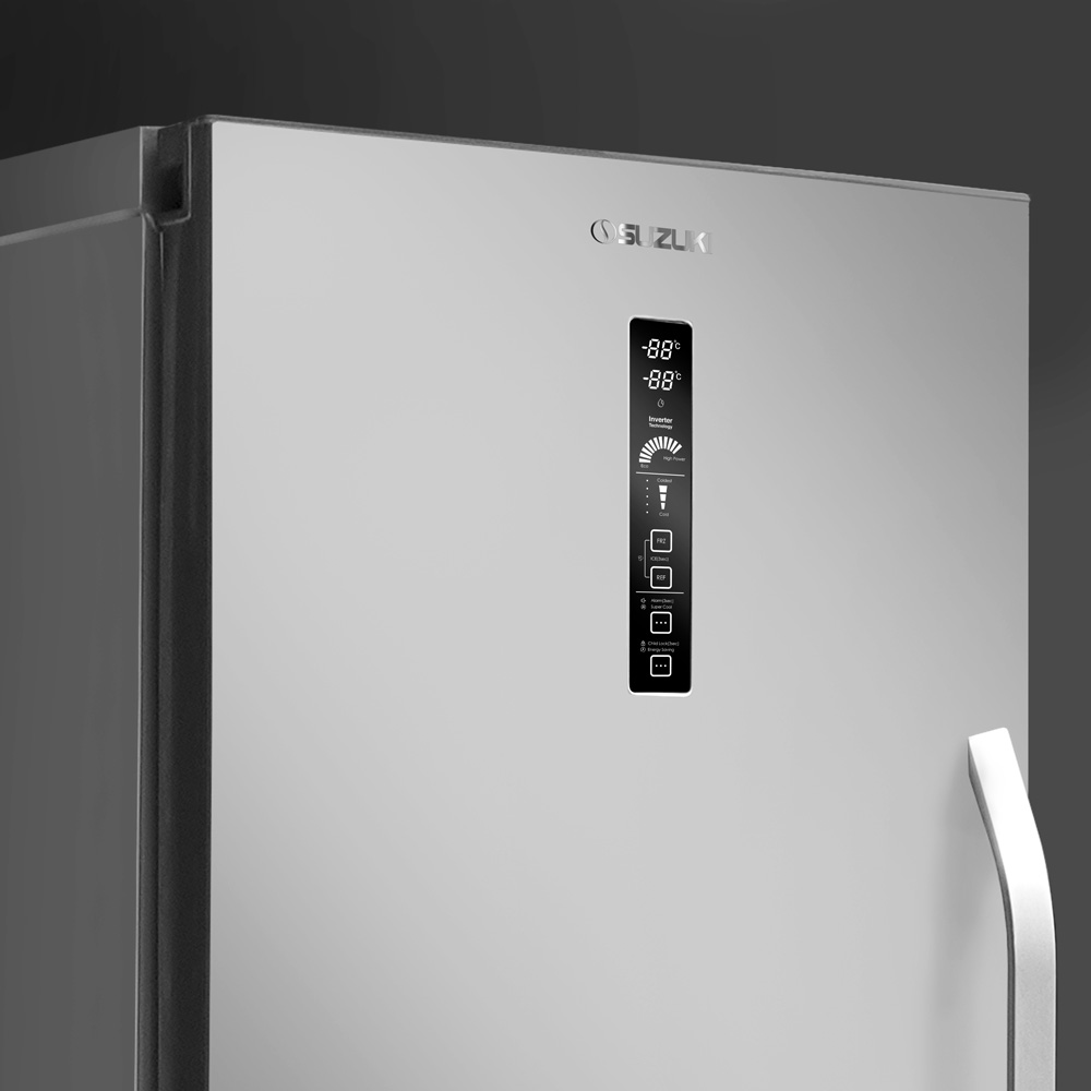 Close-up of the silver Suzuki refrigerator door featuring a vertical black digital control panel displaying temperature setti