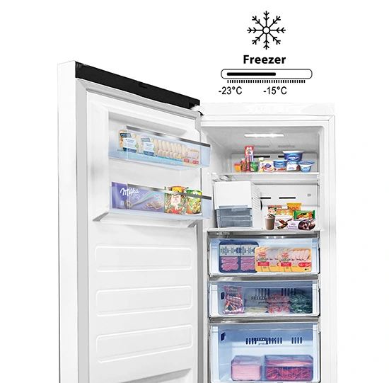 Open white freezer stocked with frozen food in drawers and door shelves, showing a temperature range of -23°C to -15°C.