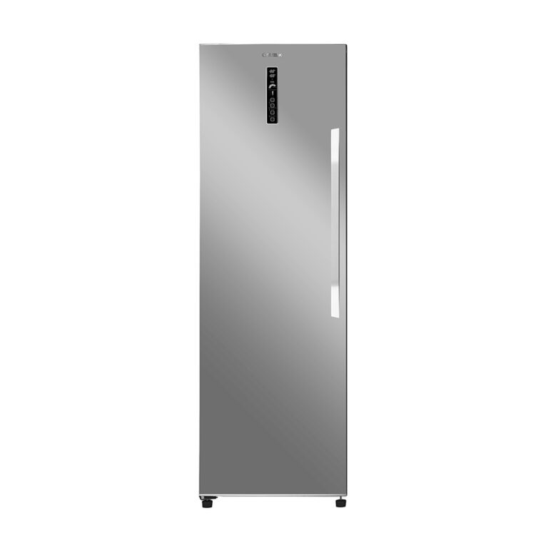 Tall silver freezer with a vertical handle and digital control panel located at the top center.