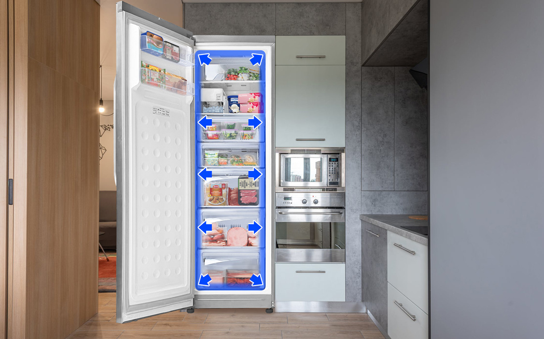 Open refrigerator with blue arrows showing multi-airflow cooling system circulating around fresh food