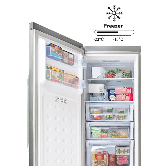 Open freezer stocked with frozen food in door bins and drawers, showing a temperature range of -23°C to -15°C.