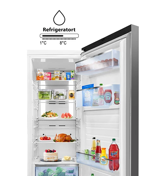 Fully stocked open refrigerator displaying fresh produce and beverages with an overlay graphic indicating a temperature range