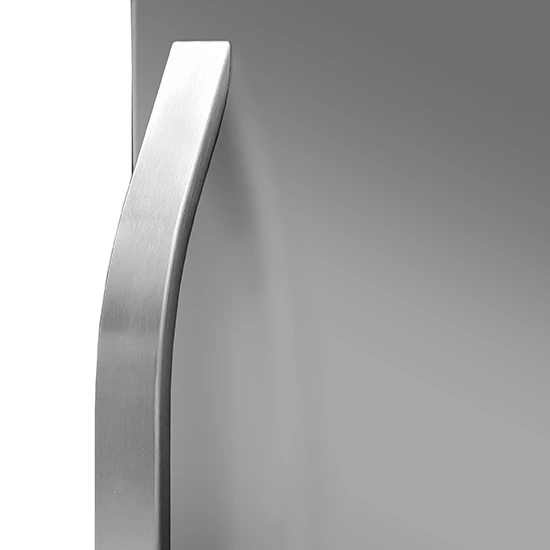 Close-up view of a vertical, curved brushed steel handle attached to a smooth grey surface.