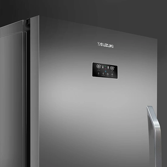 Close-up of a silver Suzuki refrigerator featuring a digital temperature control panel and sleek vertical handle.