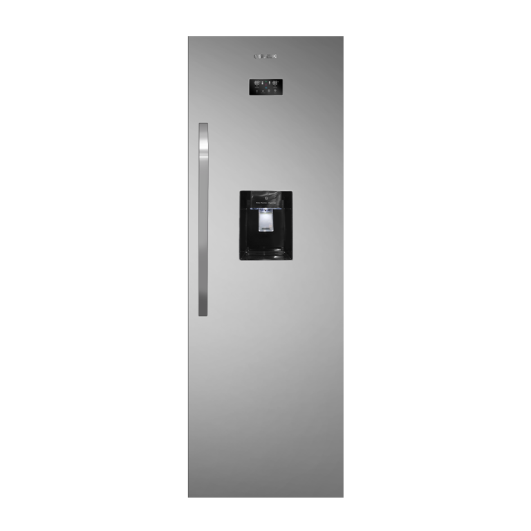 Front view of a tall stainless steel refrigerator with a vertical handle, digital display, and water dispenser.