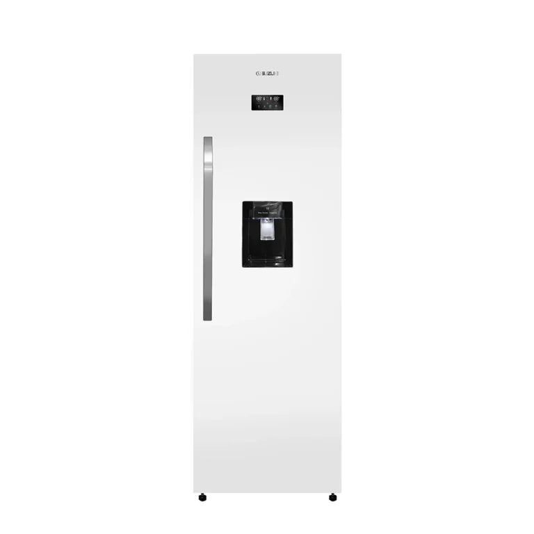 Front view of a white Suzuki water dispenser cabinet with a vertical door handle, digital temperature display, and dispensing