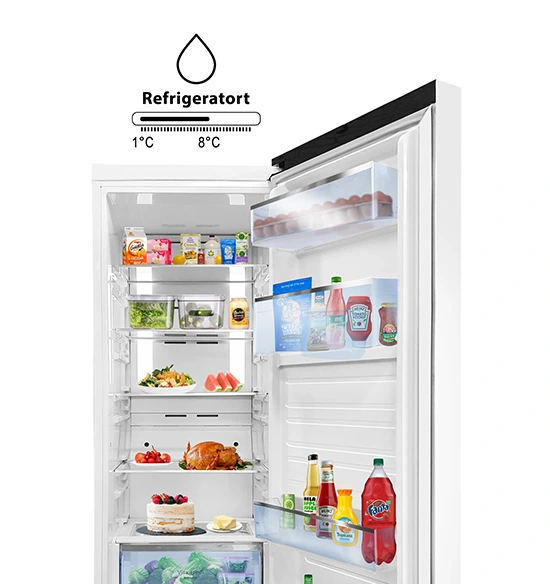 Open white refrigerator filled with food items and a temperature range graphic labeled 1°C to 8°C.