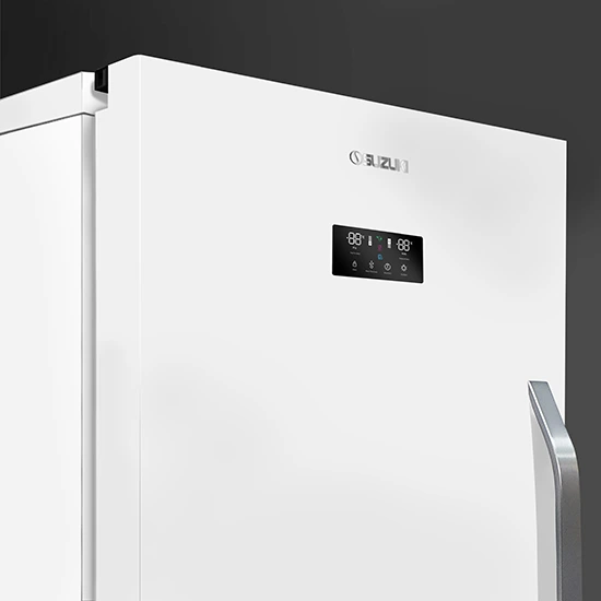 Close-up of a white Suzuki refrigerator featuring a black digital touch control panel and silver handle.
