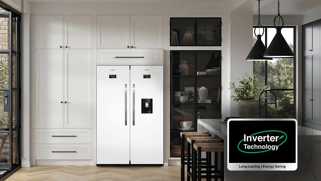 White side-by-side refrigerator with water dispenser in a modern kitchen featuring white cabinetry and an Inverter Technology