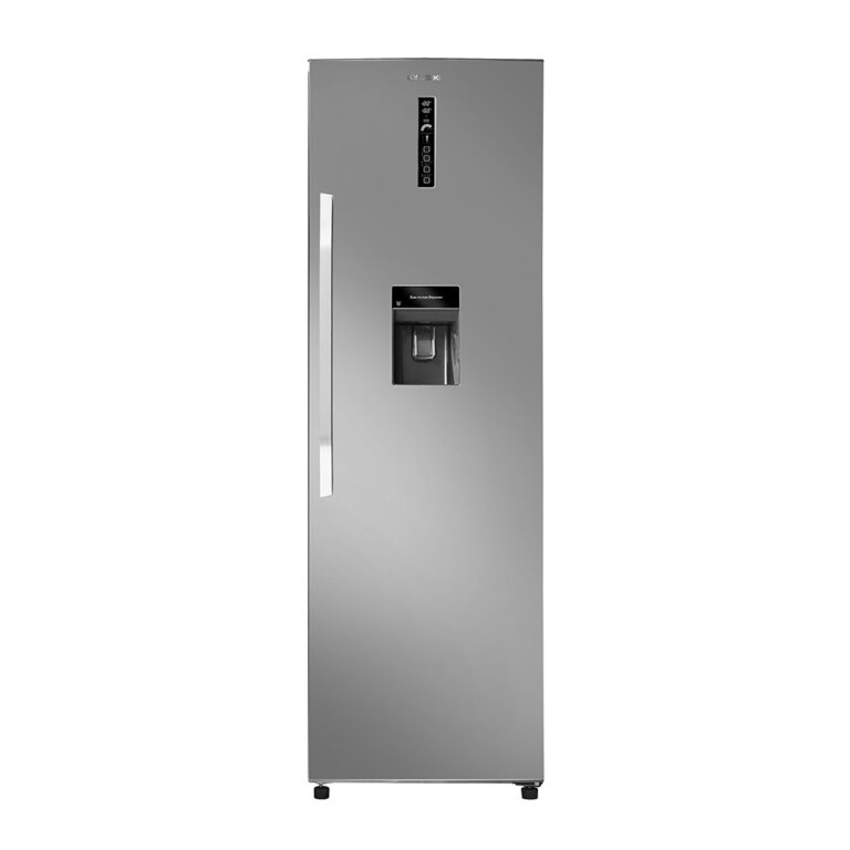 Tall silver refrigerator featuring a vertical handle, digital control panel, and built-in water dispenser.