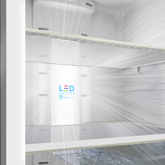 The interior of a refrigerator featuring bright LED lighting technology radiating from the back panel.