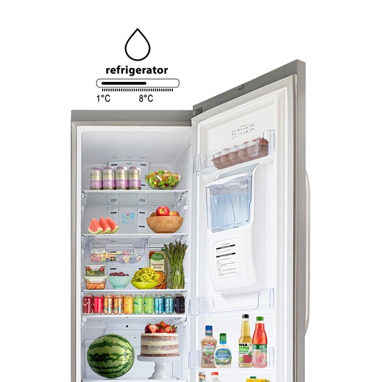 Open silver refrigerator filled with fresh produce and beverages, displaying a temperature graphic ranging from 1 to 8 degree
