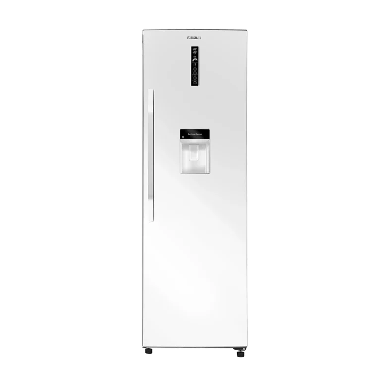Tall white upright refrigerator featuring a vertical handle, top digital control panel, and built-in water dispenser.