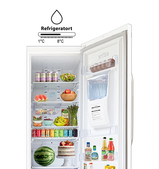Open white refrigerator filled with groceries and beverages featuring a temperature control graphic ranging from 1°C to 8°C.