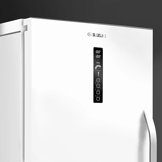 White Suzuki refrigerator featuring a vertical black digital control panel with temperature display and touch buttons.