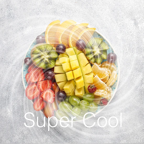 Colorful bowl of sliced mango, kiwi, strawberries, and grapes with a swirling frost effect and Super Cool text overlay.