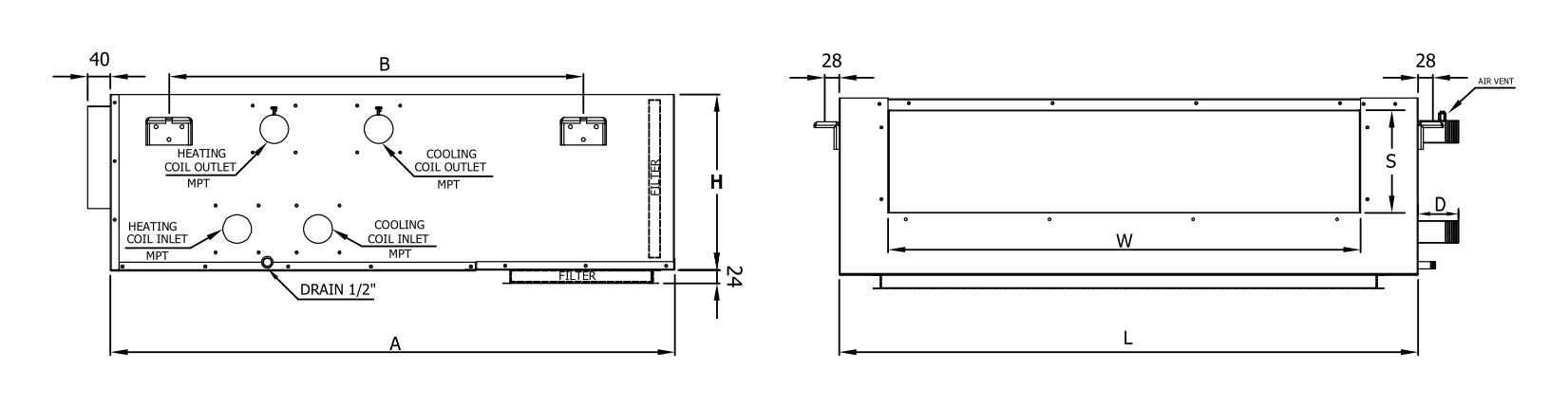 Technical drawing showing dimensions and connection points for heating and cooling coils, including drain and filter location
