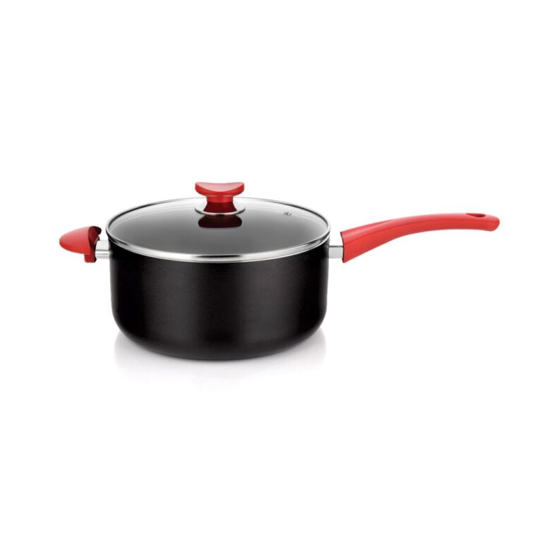 Side view of a black saucepan with a glass lid and red handles