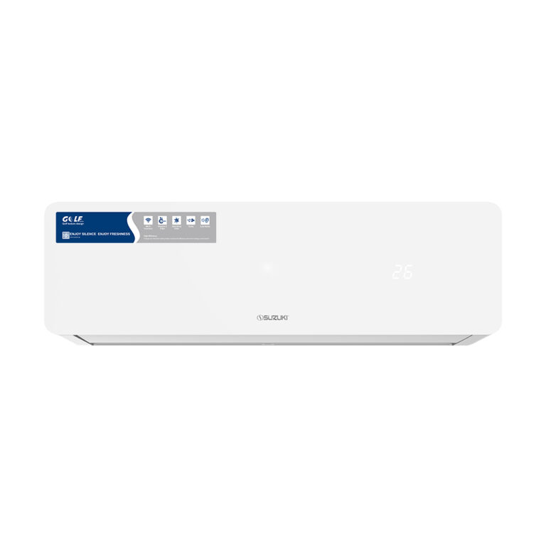Front view of a white Suzuki Golf Inverter air conditioning unit with Wi-Fi capability and temperature display