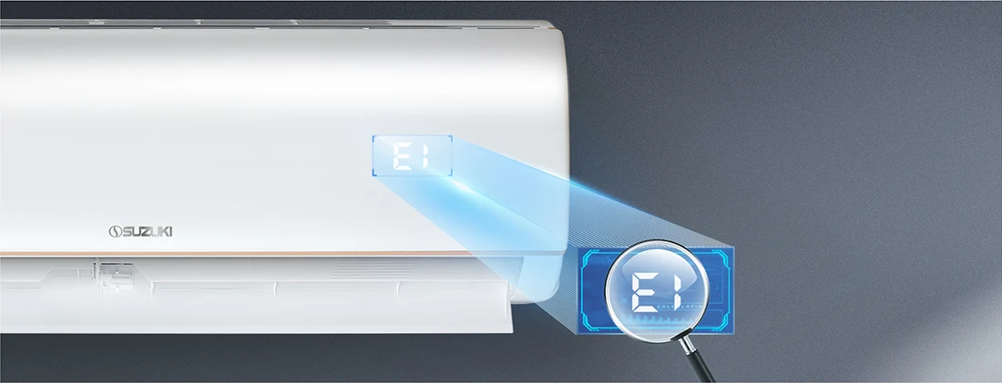 Close-up of a white Suzuki air conditioner unit displaying an E1 error code on its digital screen, highlighted by a magnifyin