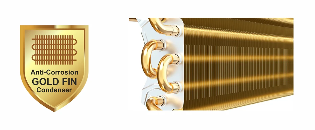 Close-up of gold fin condenser coils with anti-corrosion protection and copper tubing details