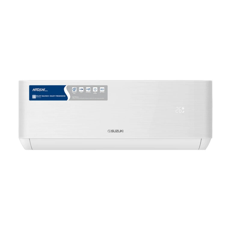 White Suzuki Hitoshi wall-mounted air conditioning unit with digital temperature display showing 26 degrees