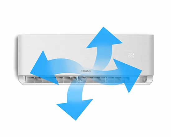 White Suzuki wall-mounted air conditioner with blue arrows indicating multi-directional airflow